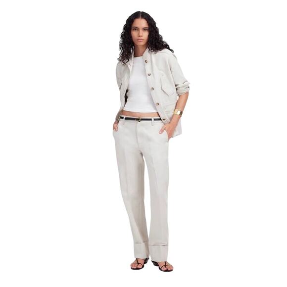 Madewell Pants - Madewell The Dean Easy Straight Pant Bone Linen Blend Cuffed Hem Sz 30